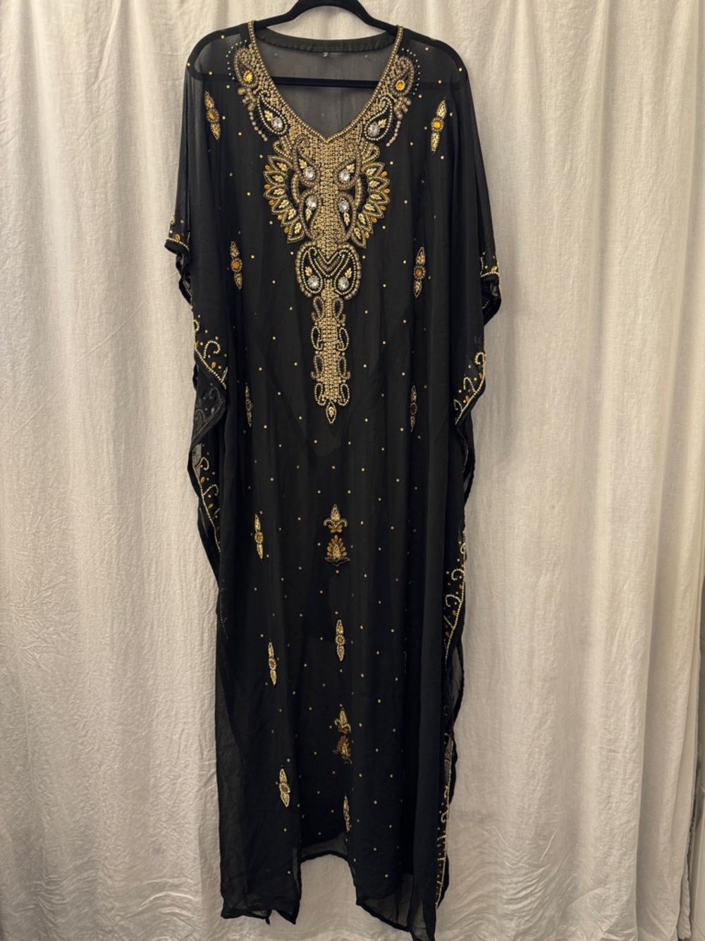 ONE SIZE Sheer Made in India Embellished Black & Gold Beaded Kaftan Maxi Dress